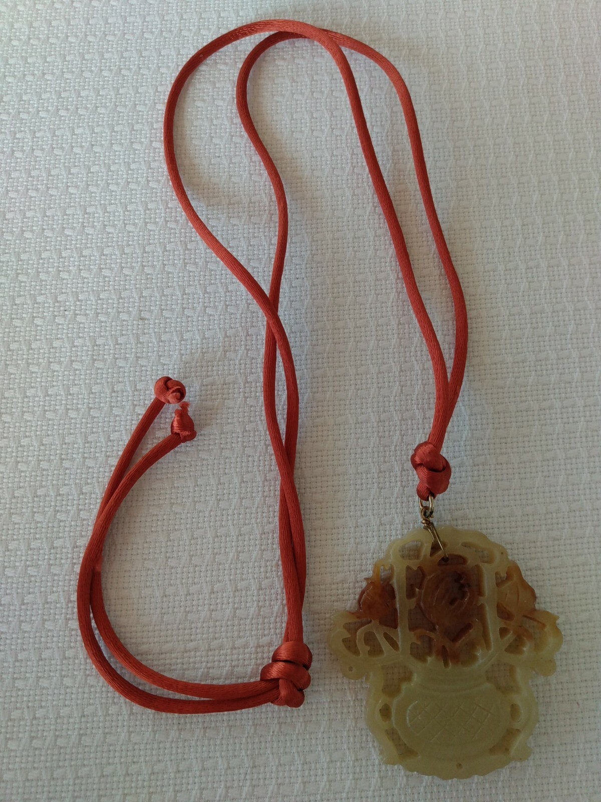 2 Estate Carved Green & Orange/Tan Fine Jade Floral Large Pendant Cord Necklaces
