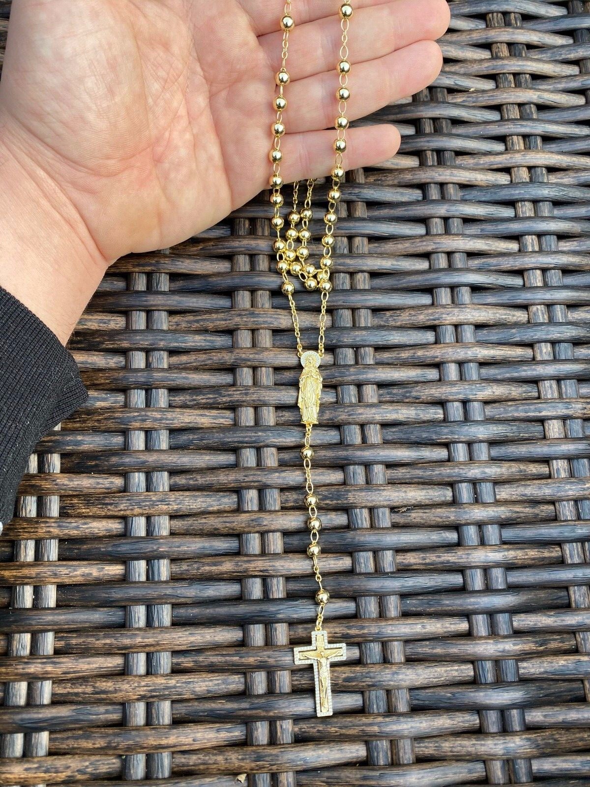 MOISSANITE Rosary Beads Necklace 14k Gold Plated 925 Silver Rosario Jesus 30″