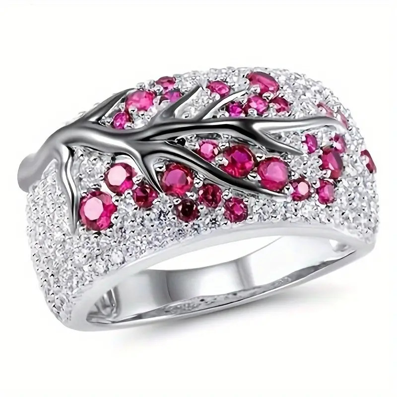 Tree Of Life Ring Full Of Shiny Zircon Elegant Alloy Ring -New- Dark Pink Size 8
