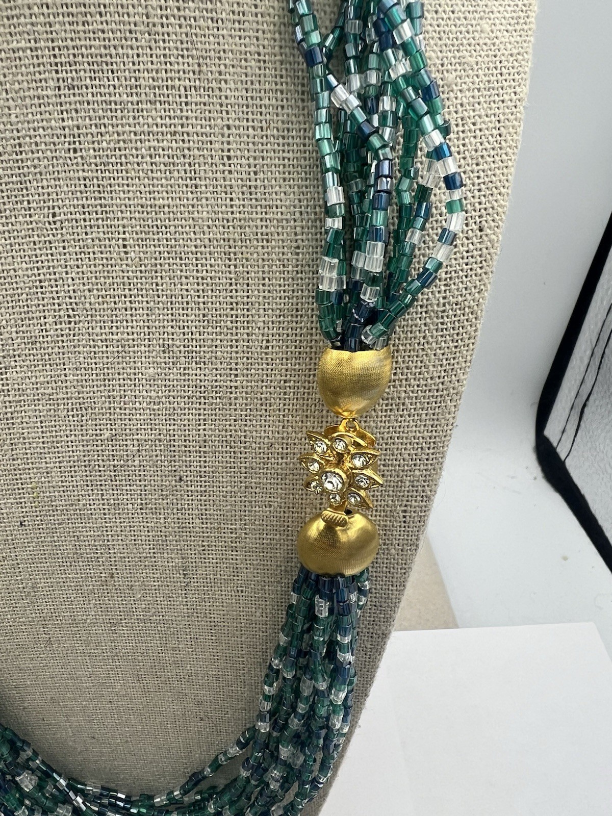 Vintage Czech Designer Emerald Seed Bead Necklace Set