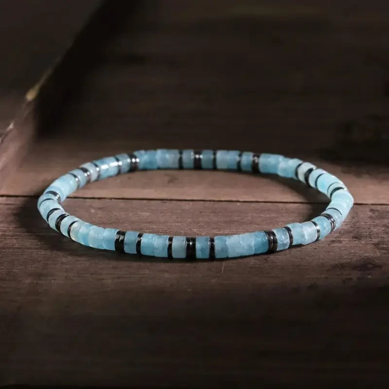 Genuine Aquamarine Hematite Protection Bracelet Healing Wealth Women Men Jewelry