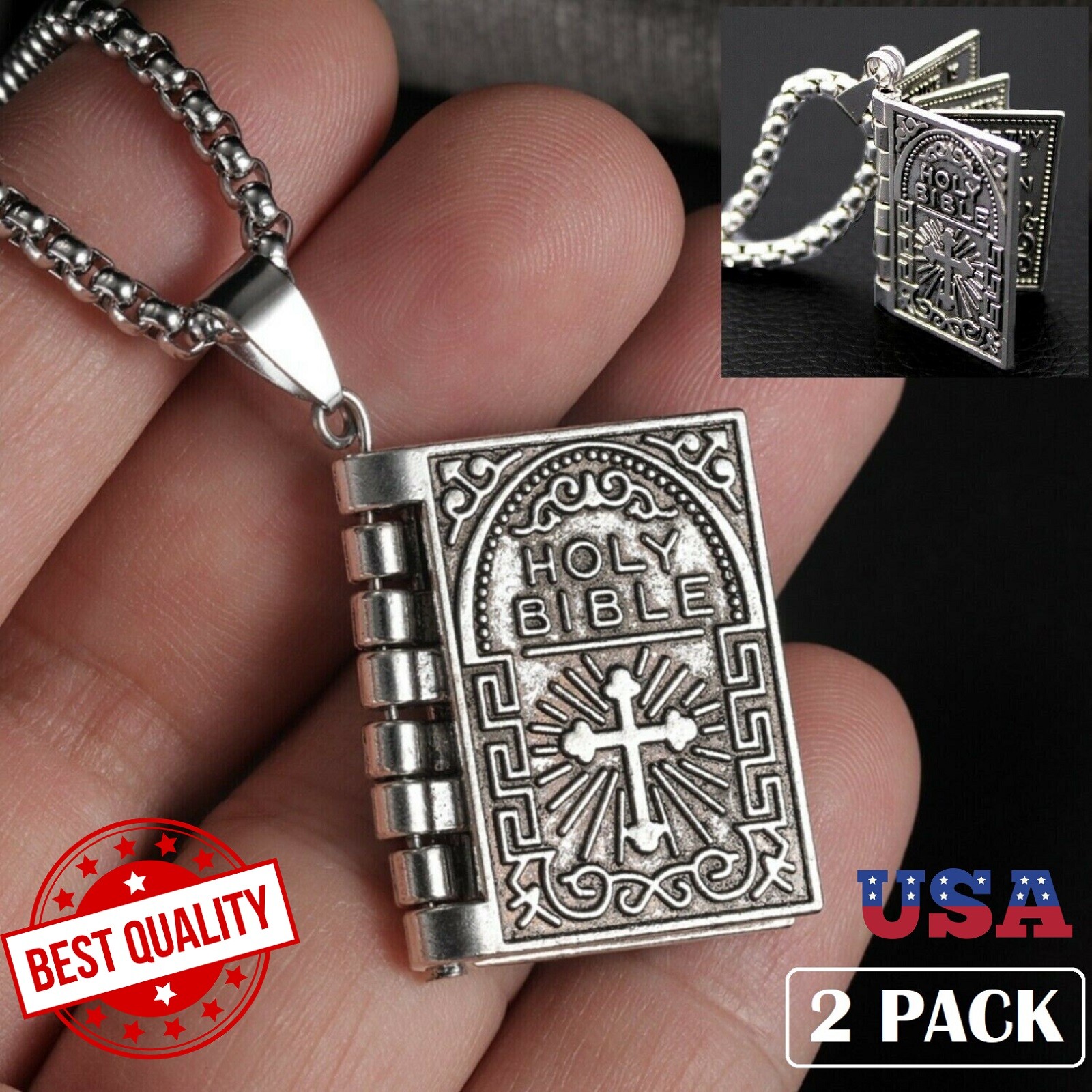 2PCS Lord’s Prayer Holy Bible Open Pages Locket Pendant Necklace 925 Silver USA