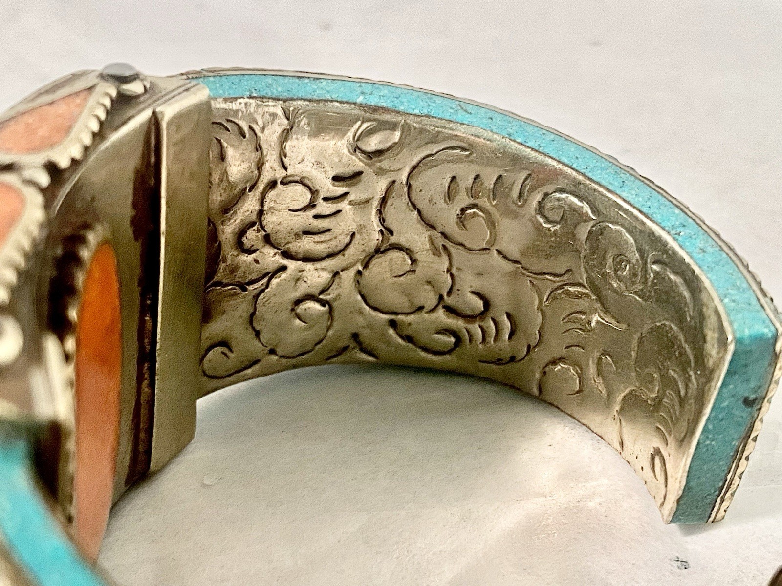 Moroccan Silver Tone Style Berber Mosaic Cuff Bracelet Coral Turquoise Enamel