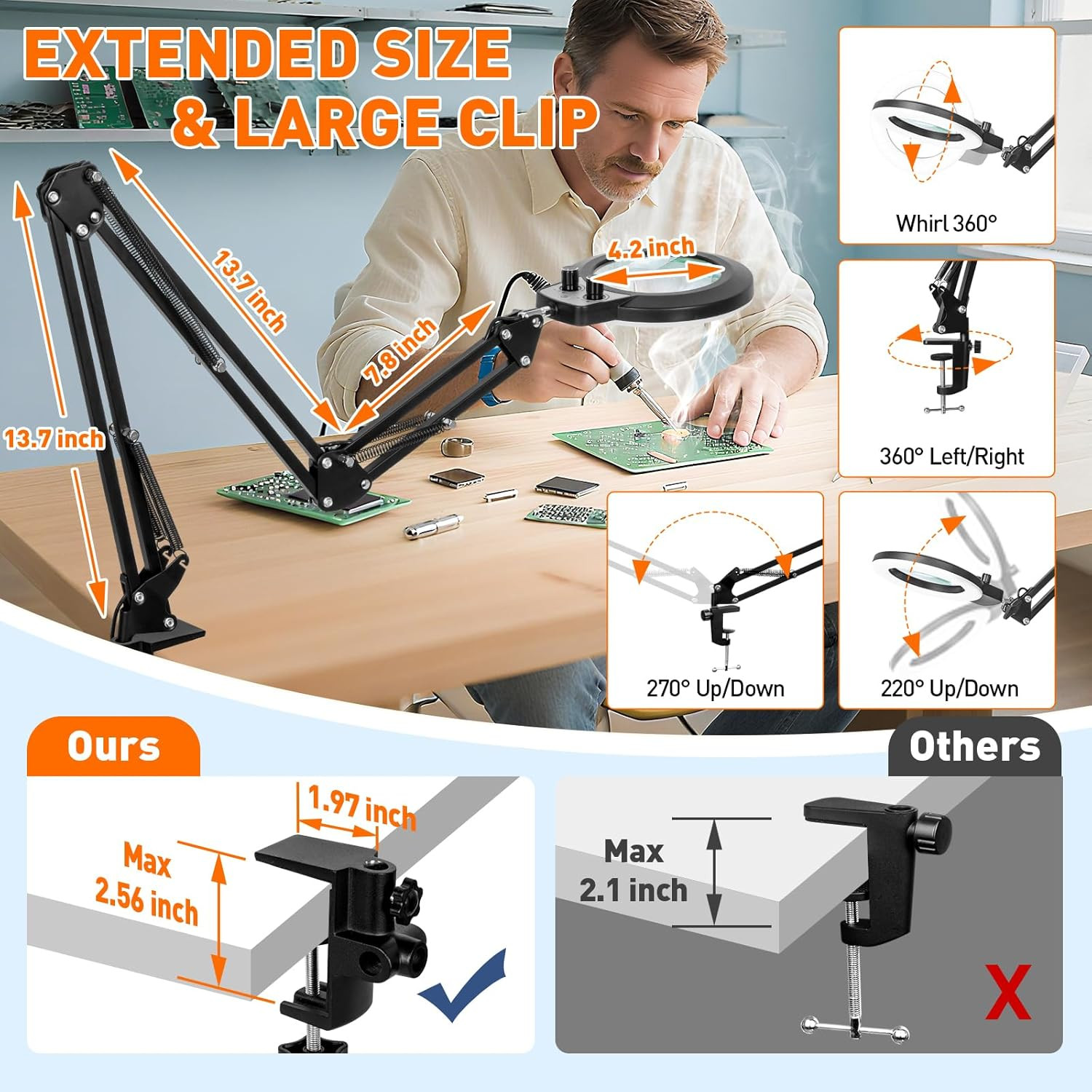 12X Magnifying Glass with Light and Stand, Extra-Long Arm Magnifying Lamp Overhe