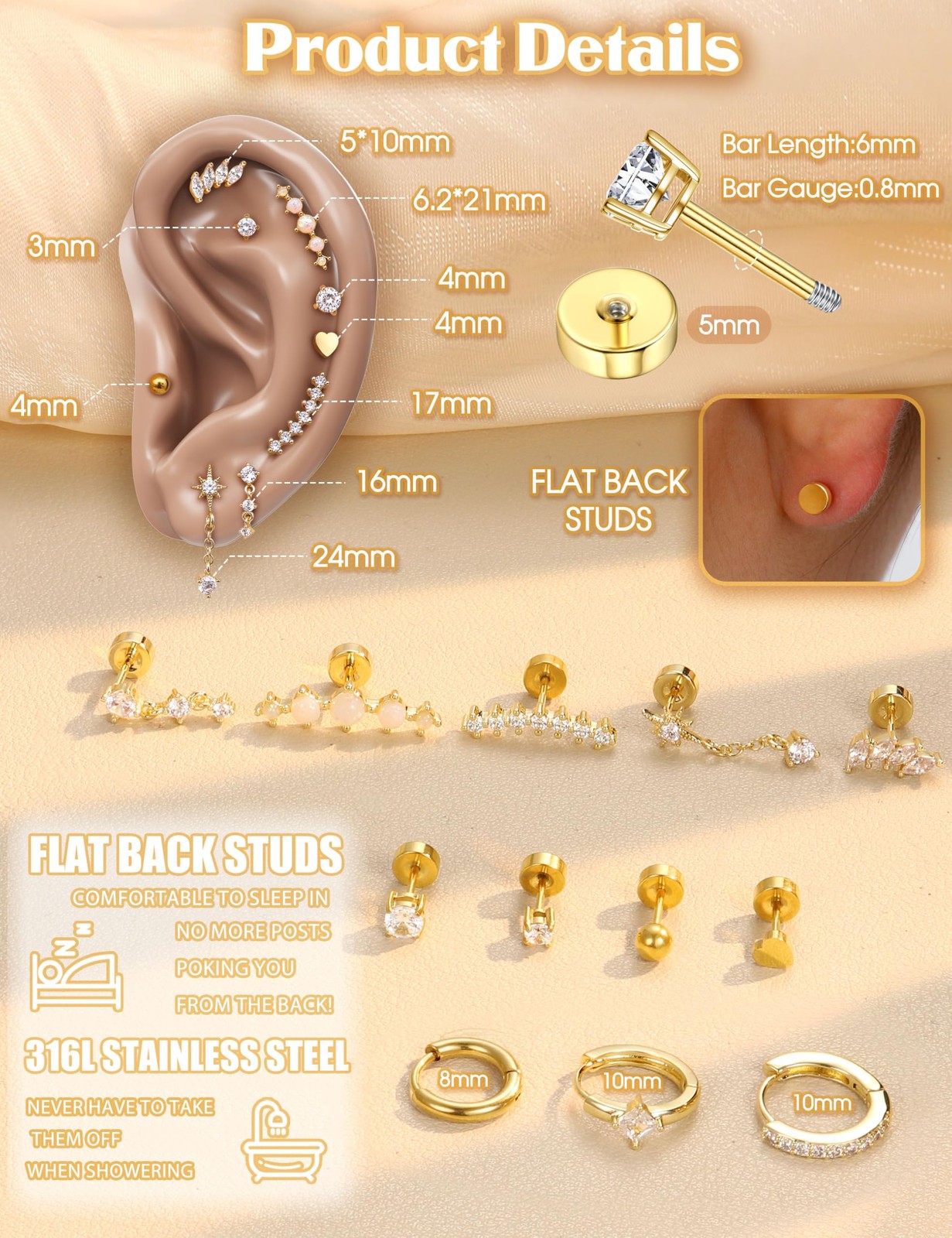 YADOCA 20G Helix Piercing Jewelry Flat back 20G=0.8MM, 14k Gold Plated