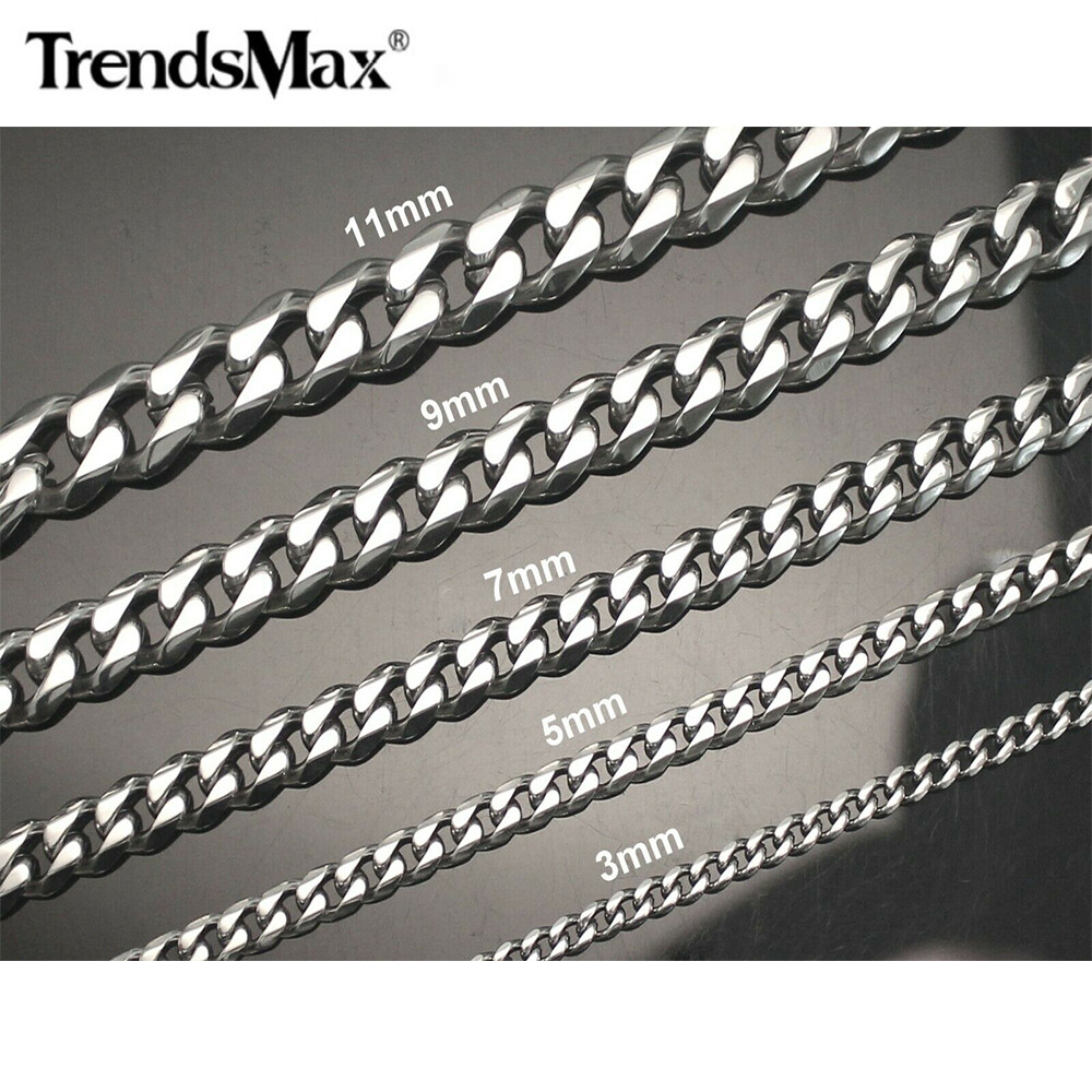 Mens Silver 316L Stainless Steel Cuban Curb Chain Necklace Choker 3/5/7/9/11mm