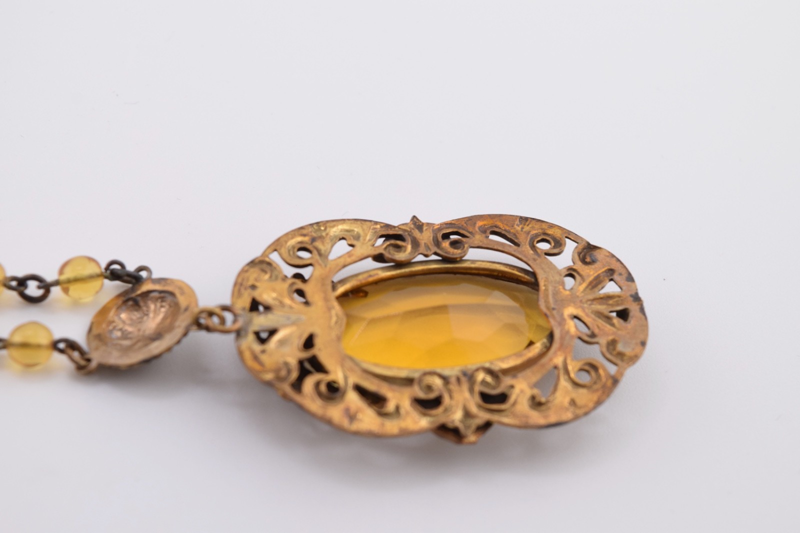 Antique Czech Necklace / Choker with Amber Colored Glass and White Enamel Accent