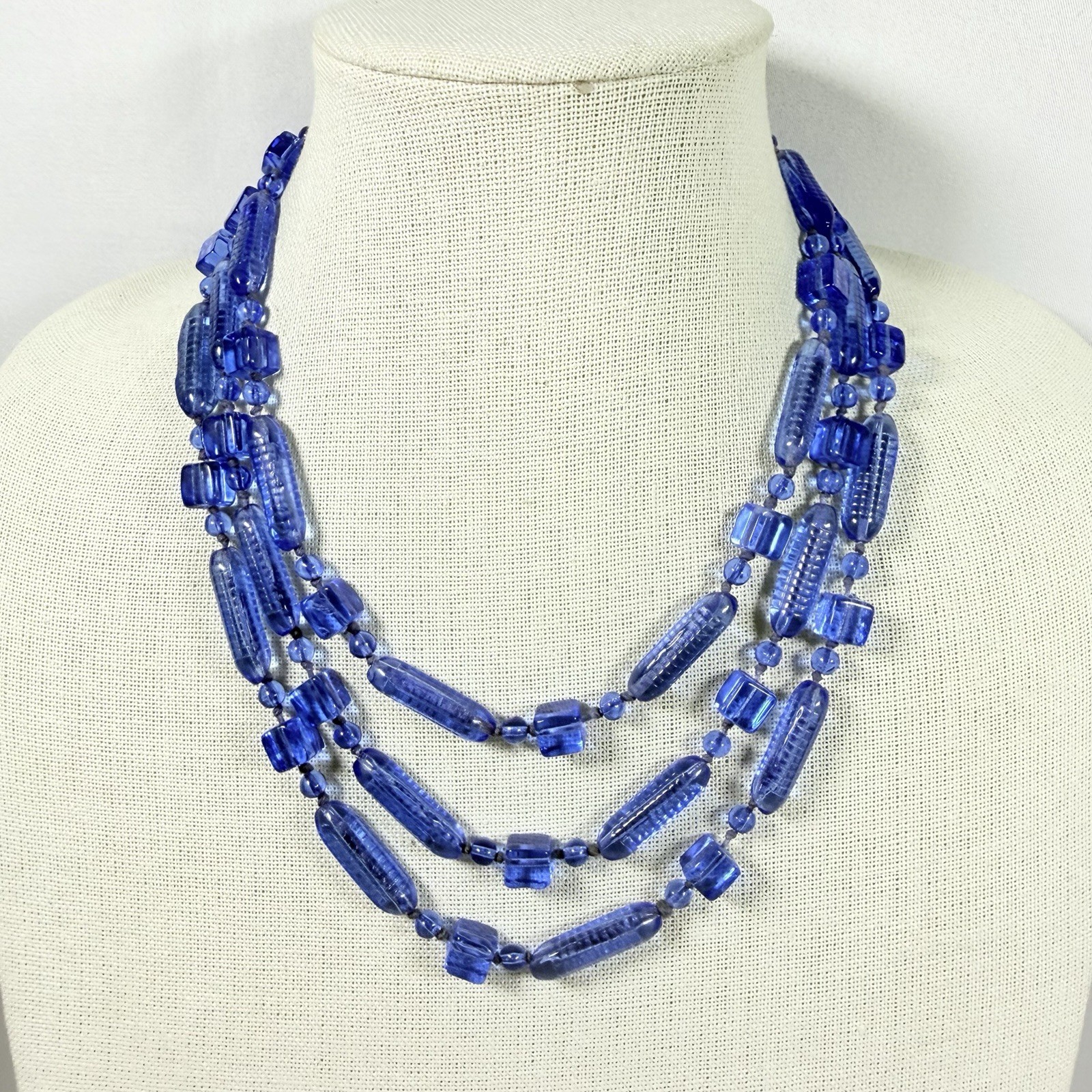Antique Art Deco Necklace Cobal Blue Tubular Czech Glass Beaded 58″