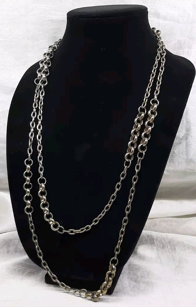 VTG 29″ Long Single Chain Linked Necklace Brass/Silver Pewter Tone Punk Glam