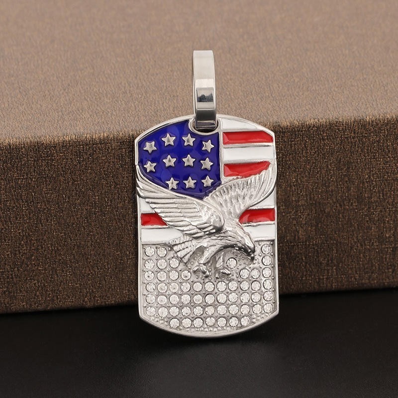 Silver American Flag Eagle Dog Tag Pendant Stainless Steel Patriotic Necklace
