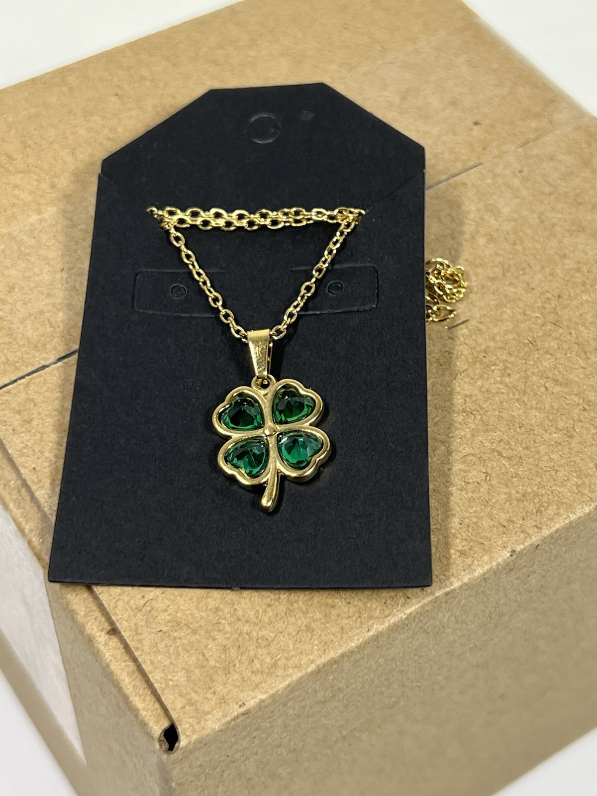 Four Leaf Clover Necklace Green Zircon Gems Gold Colored Chain New