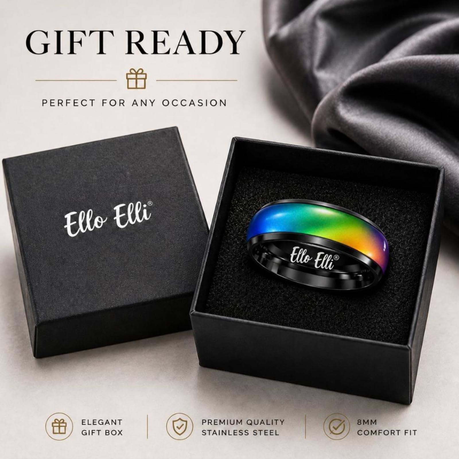 Color Changing Mood Ring 8mm for Men & Women, Stainless Steel Comfort Fit, Silve