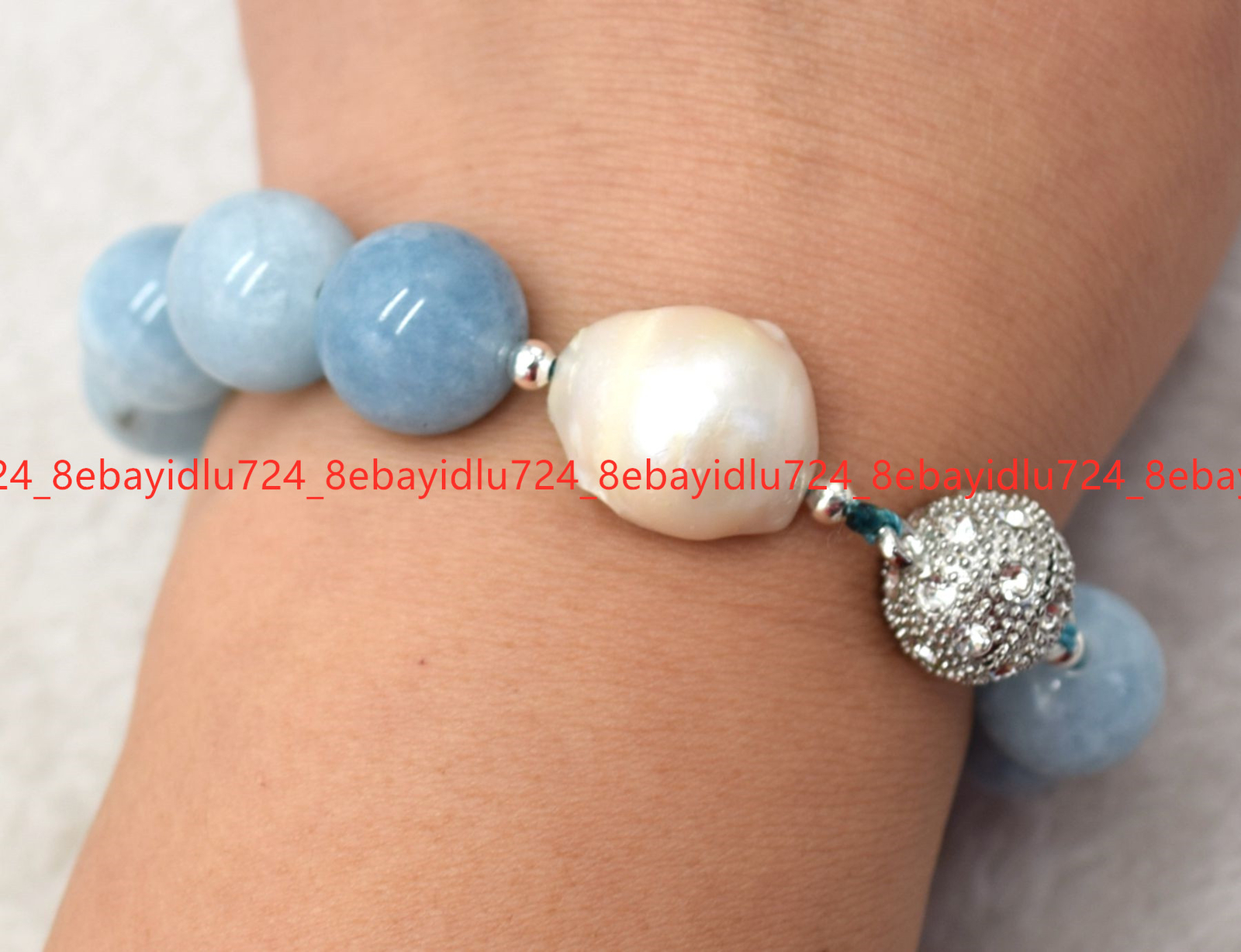 Natural Blue Aquamarine Round Gemstone Beads White Keshi Baroque Pearl Bracelet
