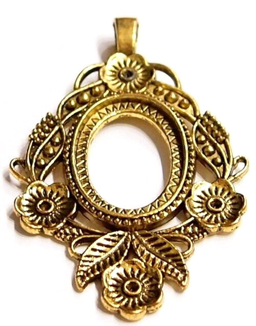 4 of 30x22mm Antique Gold Flower and Leaf Pendant Settings, 4 Cameos, Cabs Glass