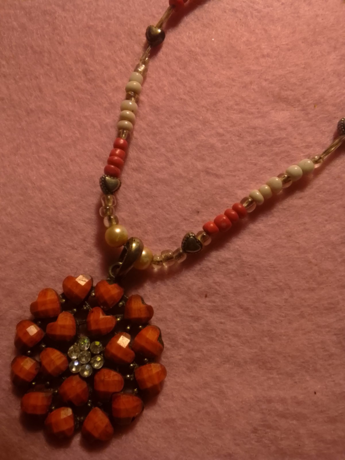 Pink & White Beaded Necklace Flower Charm Pendant Clear Rhinestone Rose & Silver