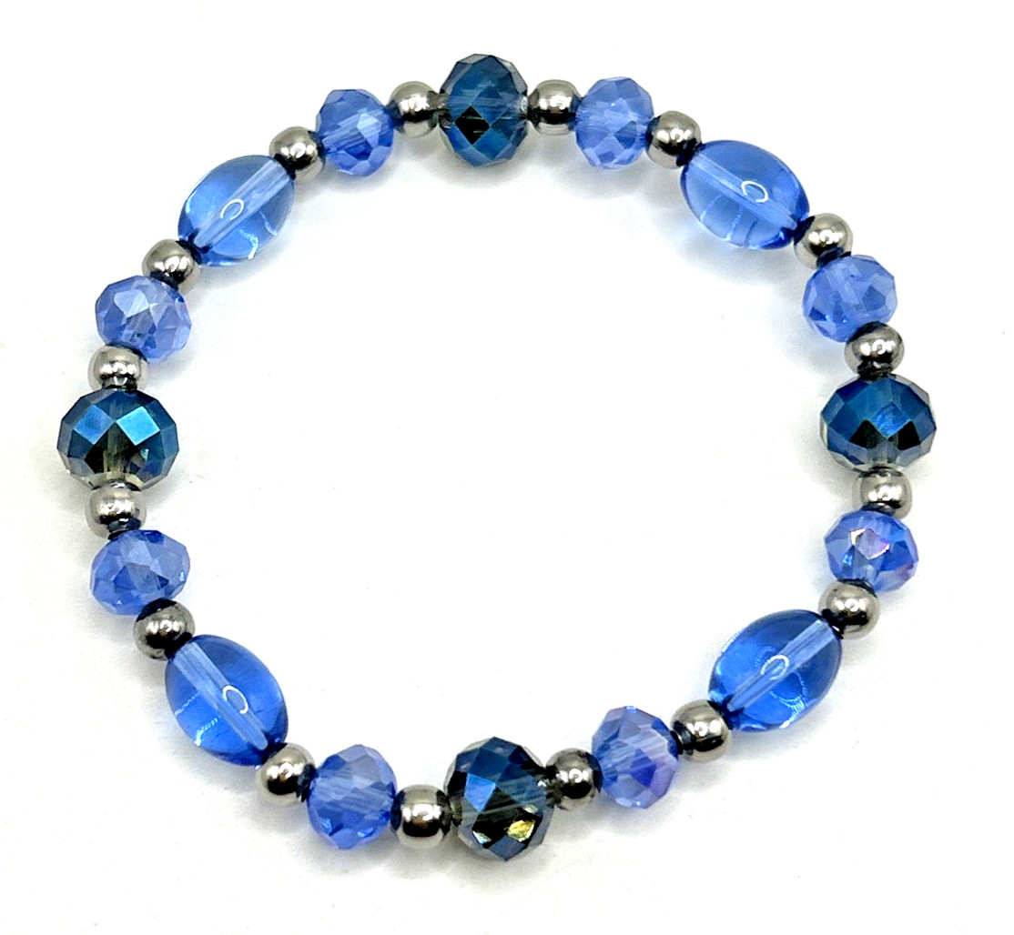 7.5″ Blue Glass & Stainless Steel Beaded Stretch Bracelet- Trendy & Stackable