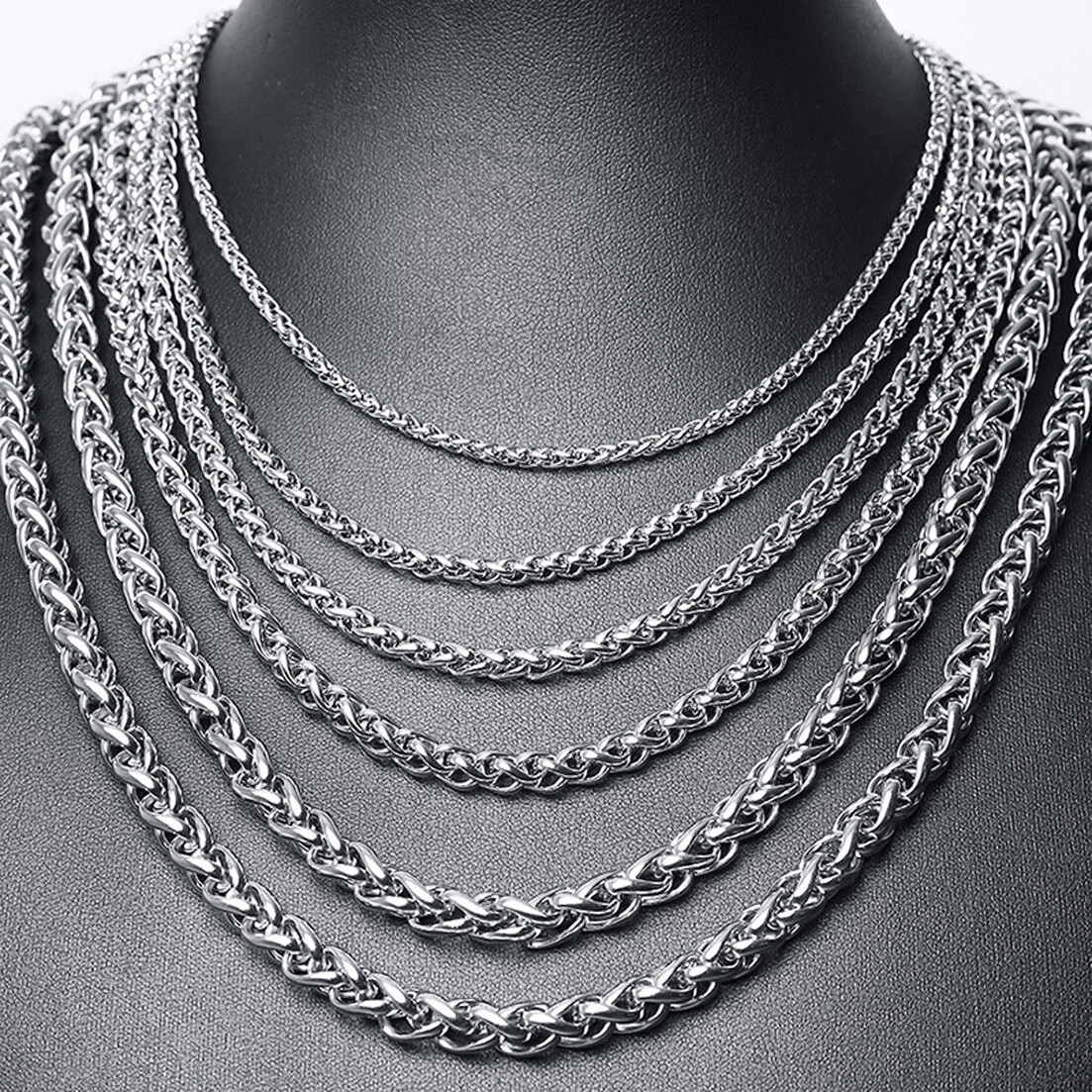 Silver/Gold Color Braided Wheat Link 3mm-7mm Mens Chain Stainless Steel Necklace