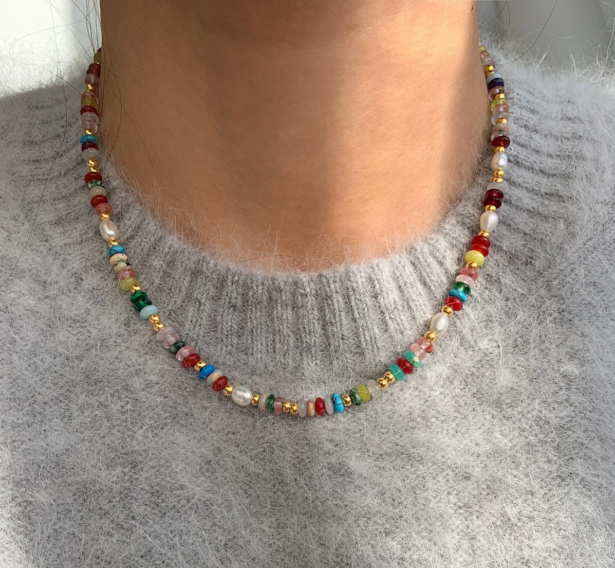 Premium Assorted Gemstone Rainbow Women Necklace Natural Freshwater pearl Choker