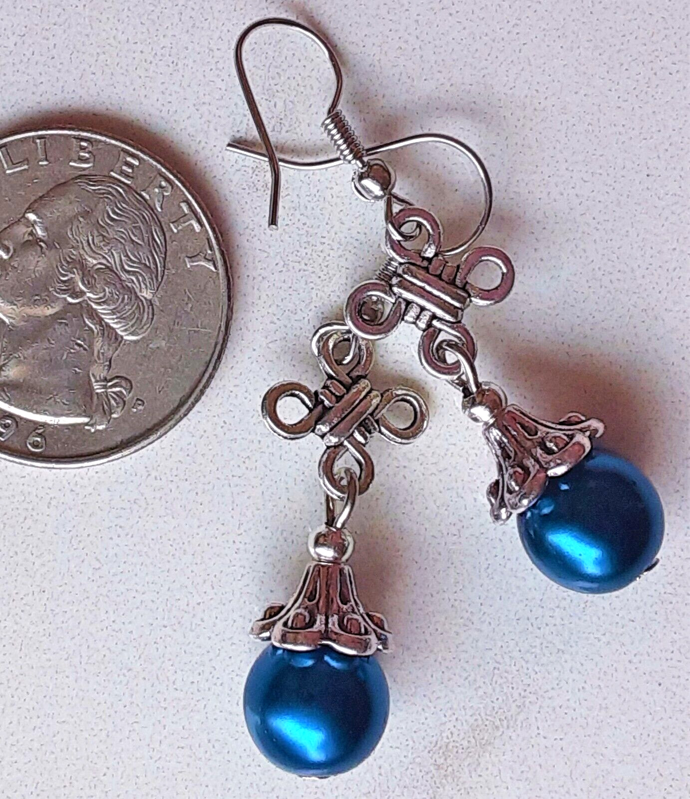 NAVY BLUE CELTIC KNOT GLASS PEARL drop earring SP FISH hook WPGH15