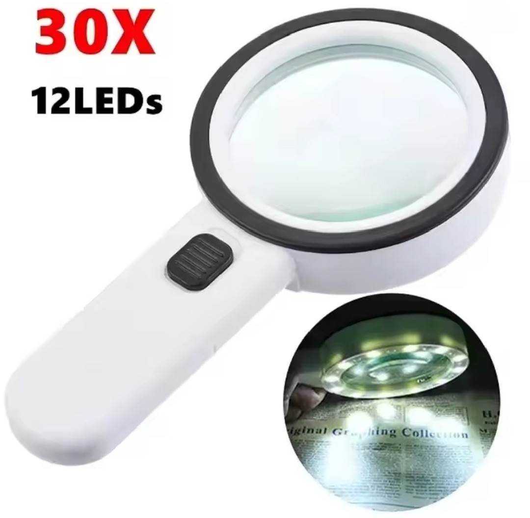 30X Jumbo Handheld Magnifying Glass w/ 12 Bright LED Light Illuminated Magnifier