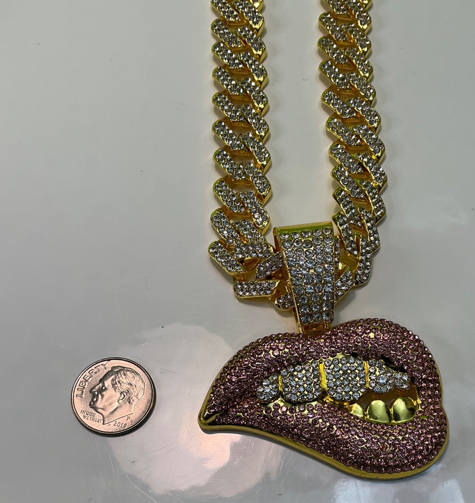 Biting Lip Pendant Necklace Bracelet Lot Hip Hop Iced 20” Inches CZ Chain Cuban