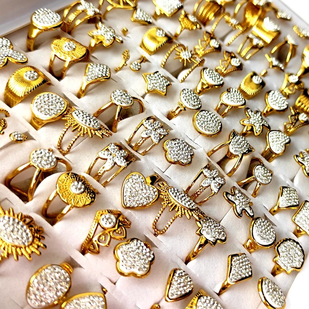 20Pcs Luxury Gold Full Zircon Ring For Women Assorted Style Stainless Steel Ring