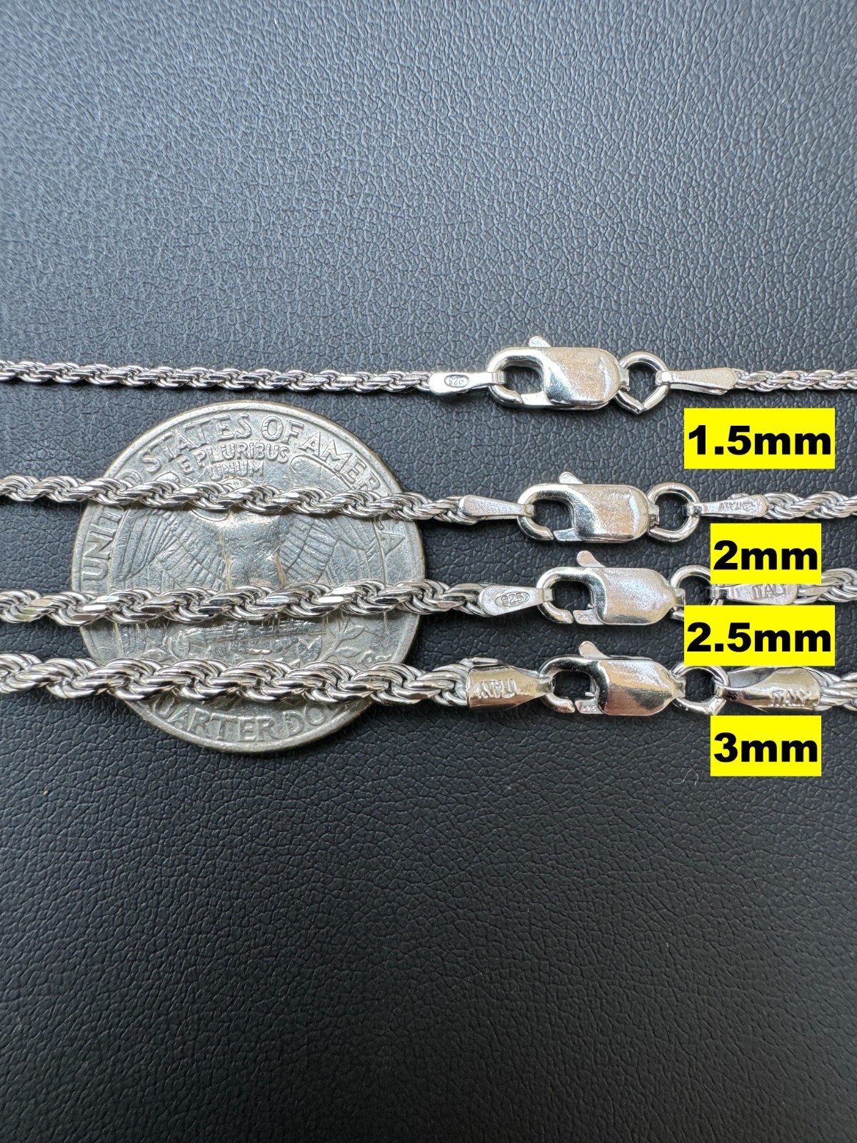 Real Solid 925 Silver W. Rhodium Finish Rope Chain 1.5-6mm Necklace Mens Ladies