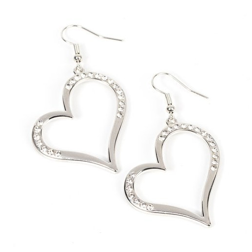 Paparazzi Silver Tone Heart Love Clear Simulated Rhinestone Dangle Hook Earrings