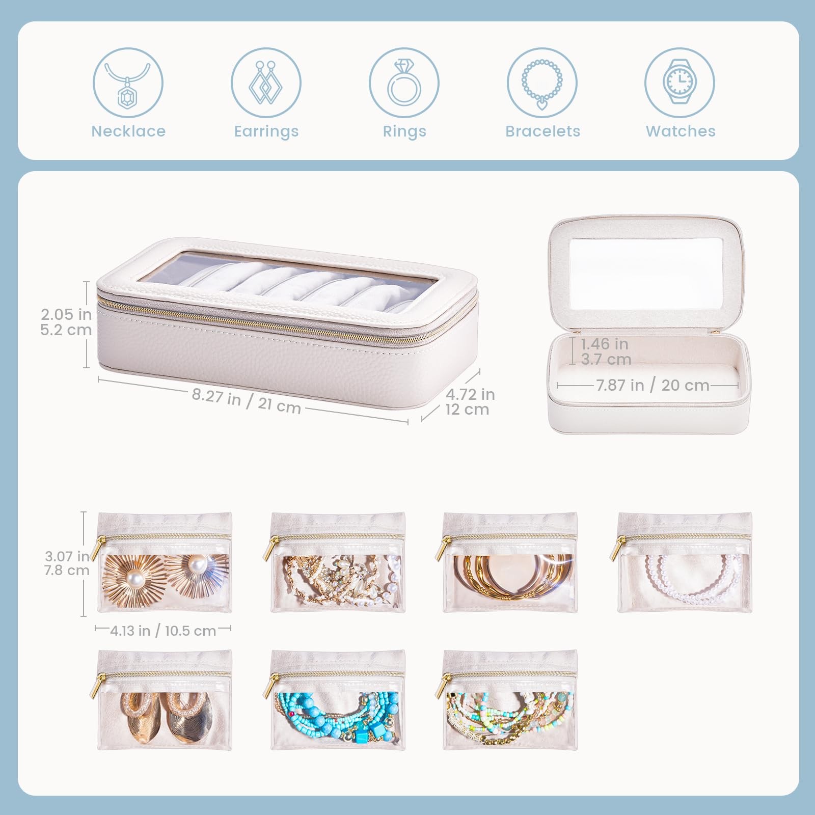 8 in 1 Travel Jewelry Case with Velvet Pouches, Clear Window Travel Jewelry O…