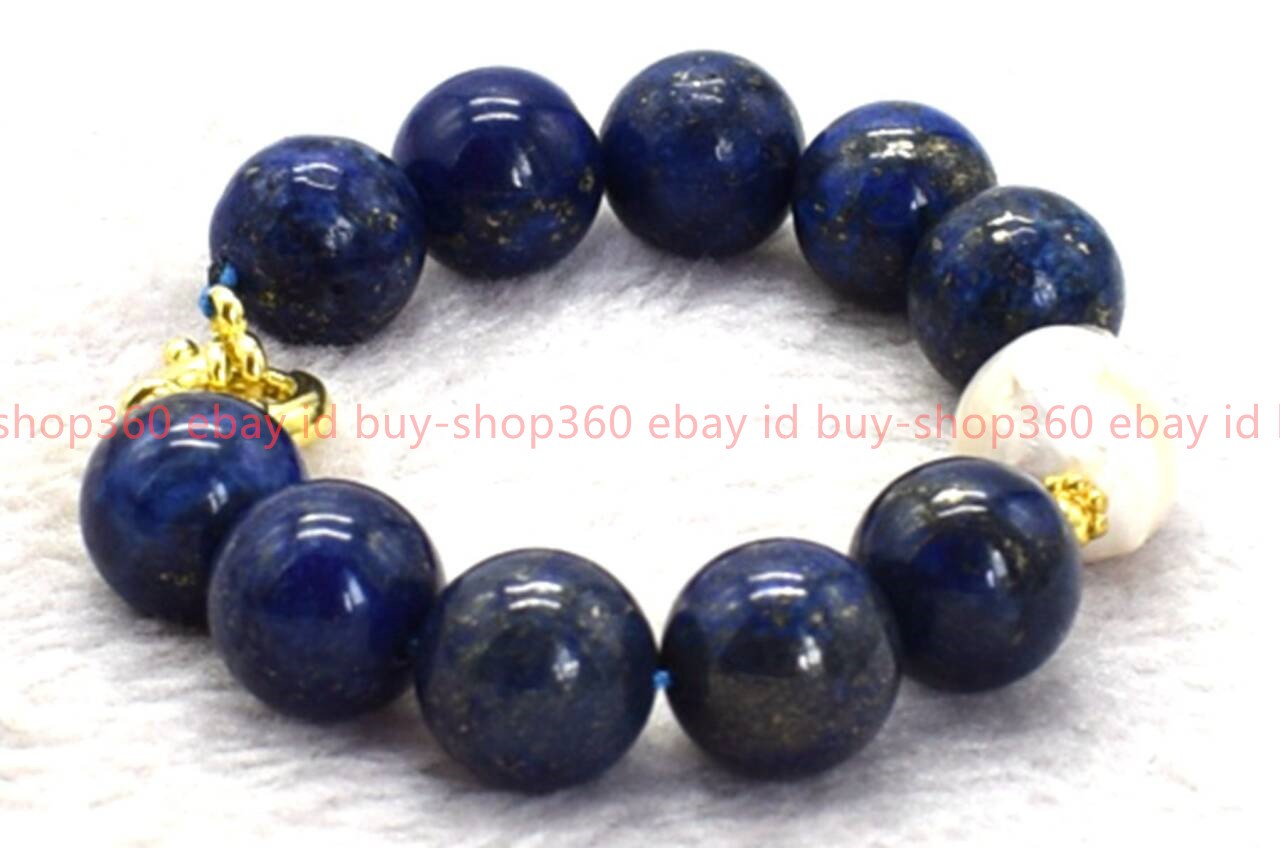 New Natural Beautiful 14mm Lapis Lazuli Baroque Pearl Gemstone Bracelet 7-9 in