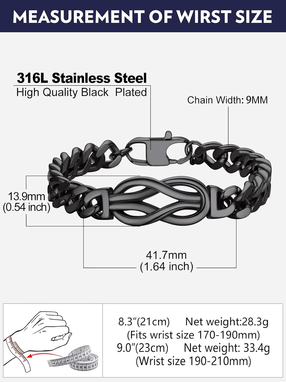 Inifinity Love Knot Cuban Link Chain Bracelets for Men Stainless Steel/Black Men