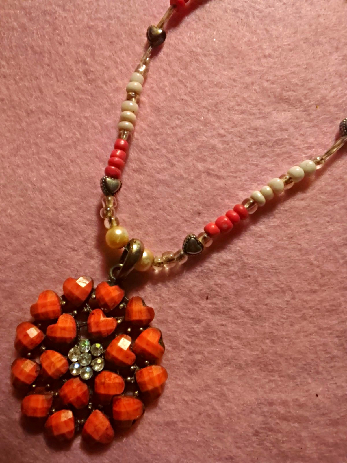 Pink & White Beaded Necklace Flower Charm Pendant Clear Rhinestone Rose & Silver