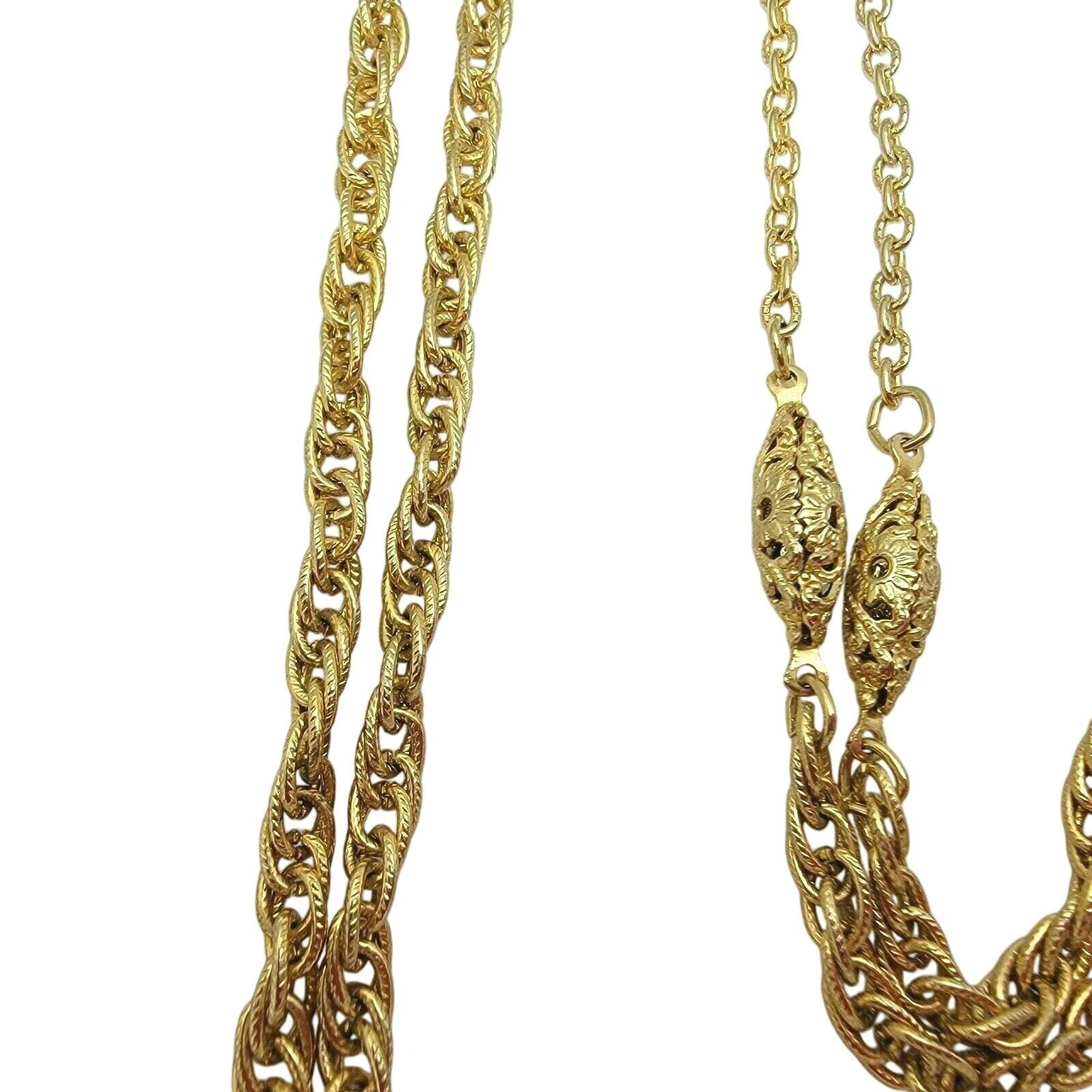 Twisted Rope Chain Single Strand Necklace 53″ Long with Gold Tone Cylinder Beads