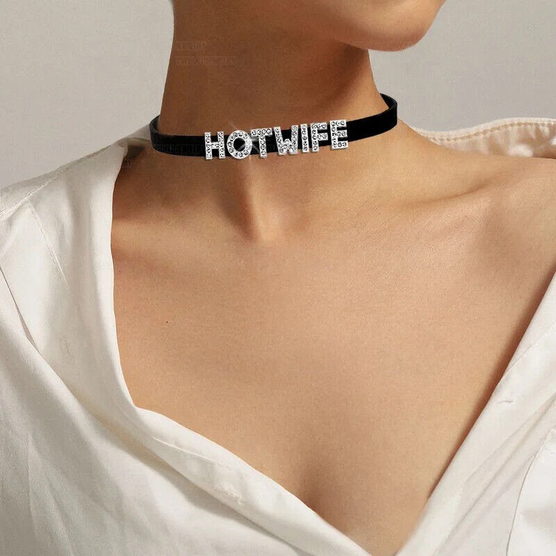 Rhinestone Letter Sexy HOT WIFE Necklace Bad Words Custom Choker Collar F4