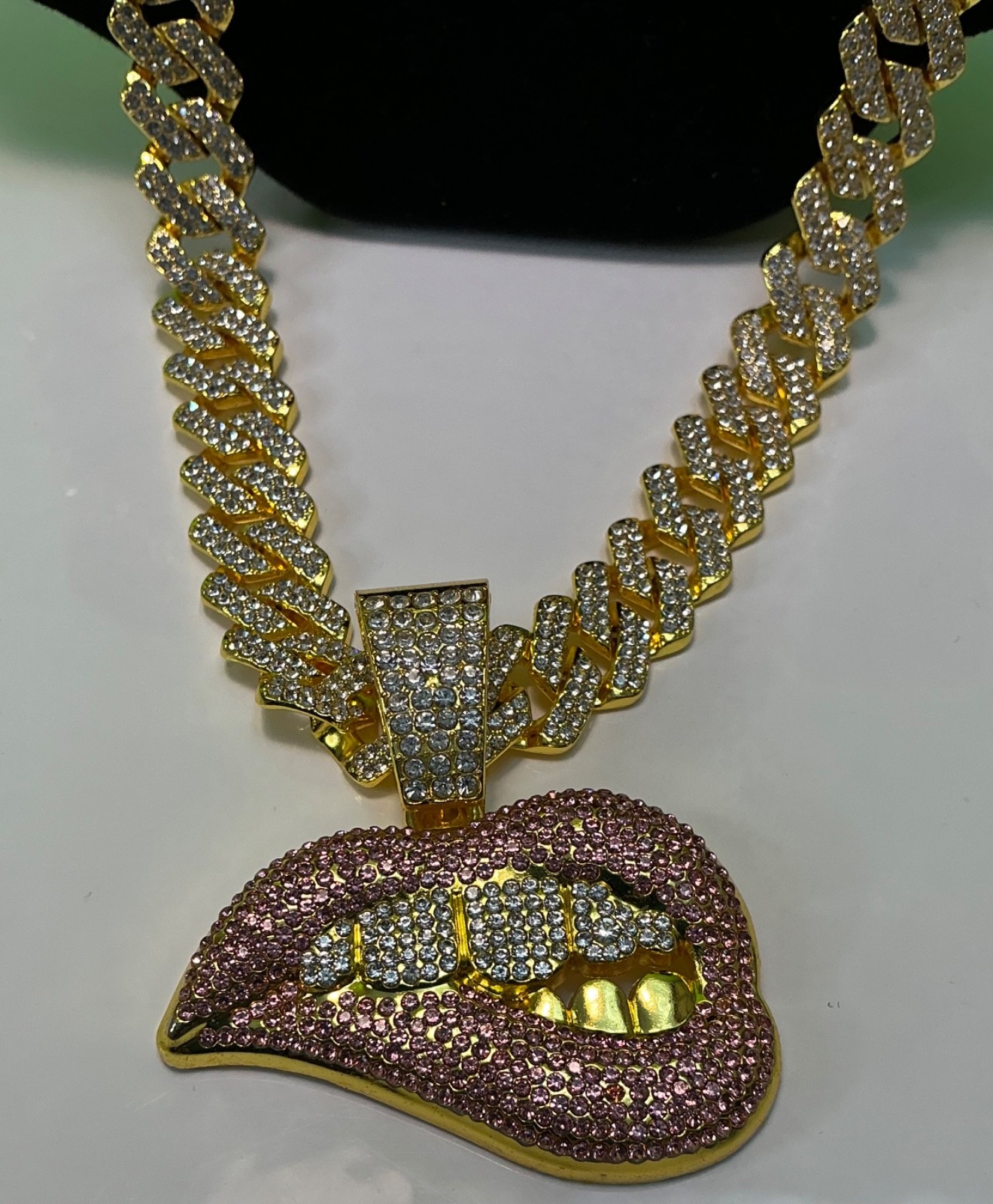 Biting Lip Pendant Necklace Bracelet Lot Hip Hop Iced 20” Inches CZ Chain Cuban