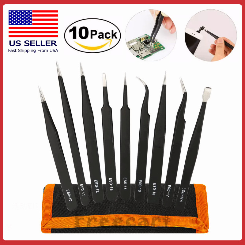 10 Pcs Precision ESD Anti-Static Repair Stainless Steel Tweezers Set Kit Tools