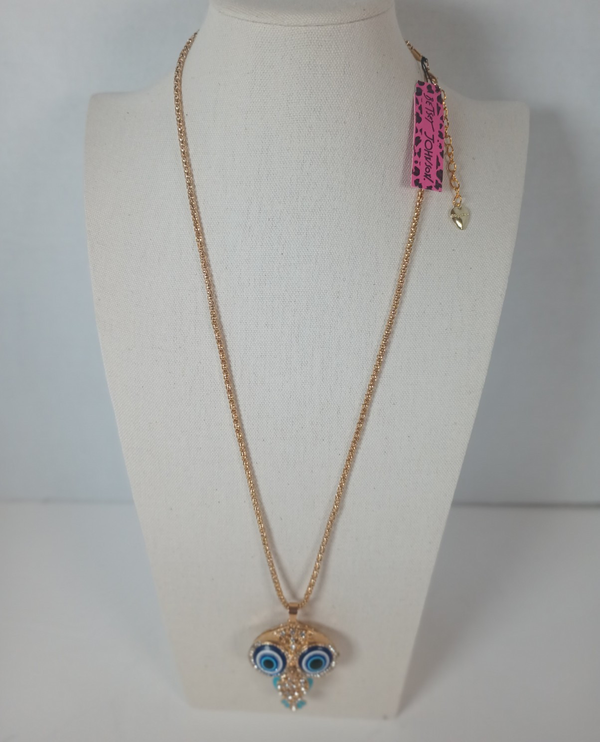 Betsey Johnson Gold Tone Owl Charm Pendant Necklace With Blue Eyes