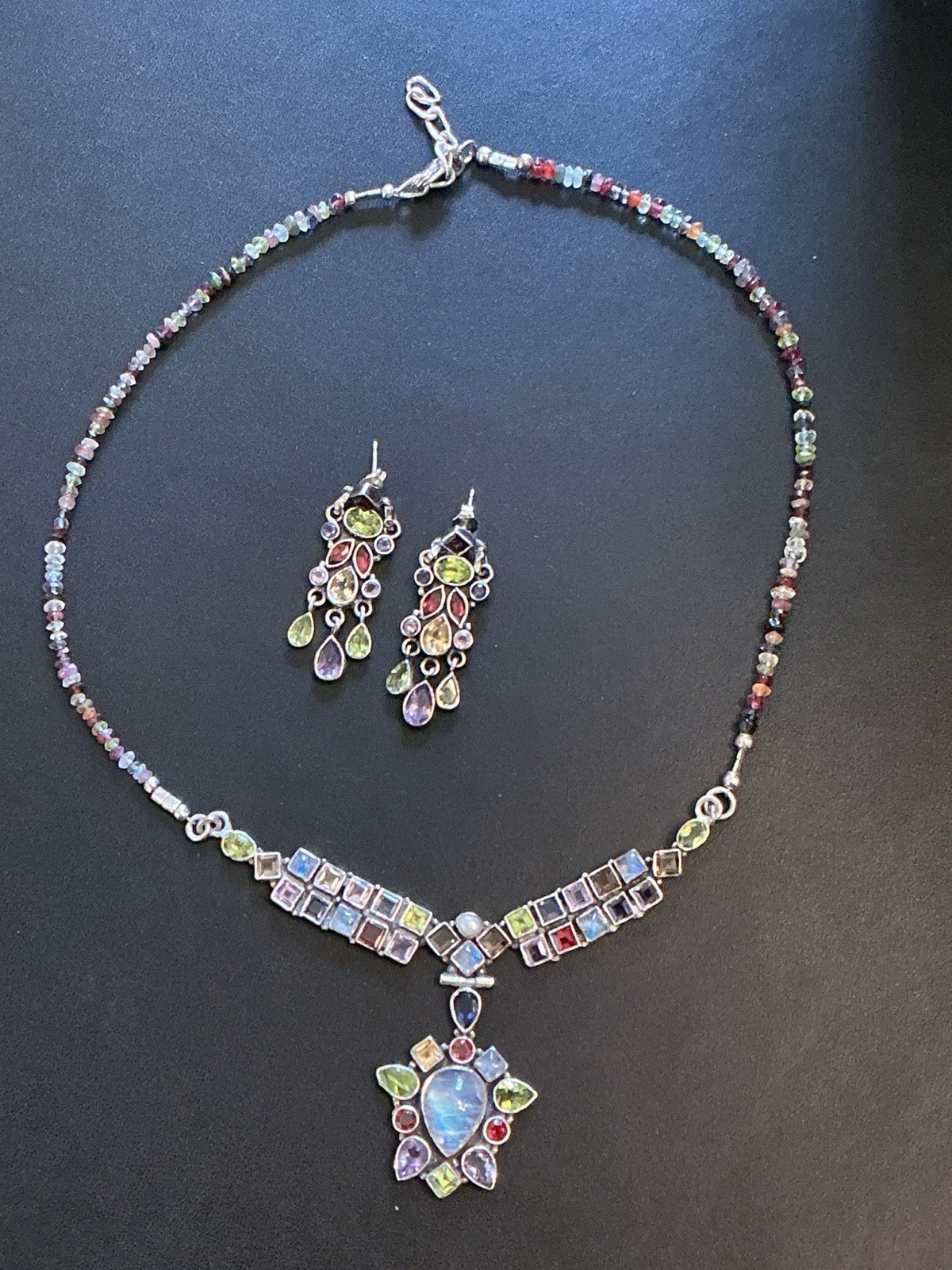 Sterling Silver 925 Necklace And Earrings W/Multi-Colored Stones