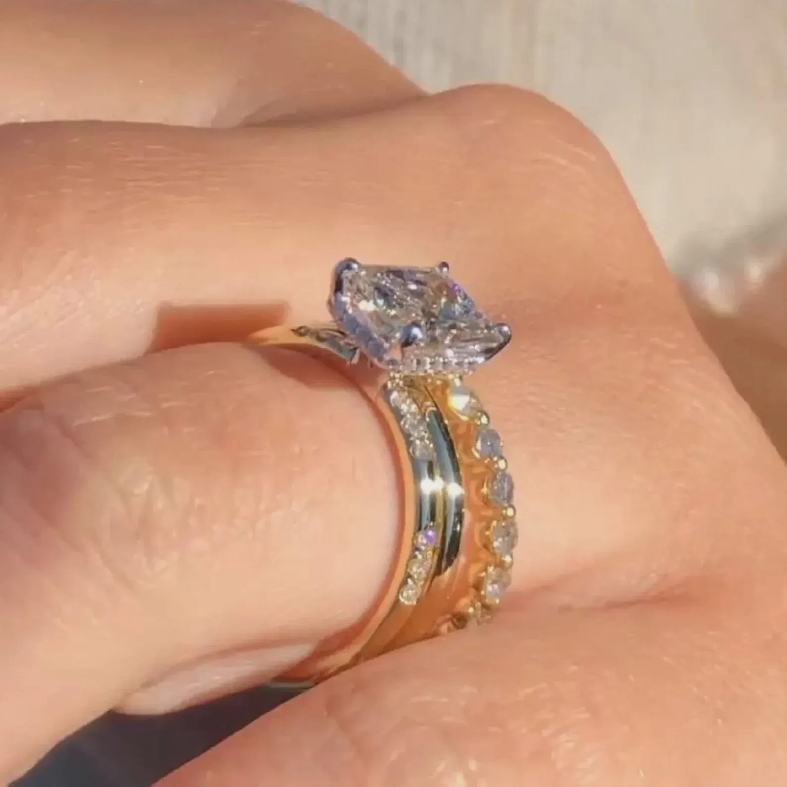 3CT Radiant Cut Moissanite Engagement Trio Bridal Ring Set, Trilogy Ring Set