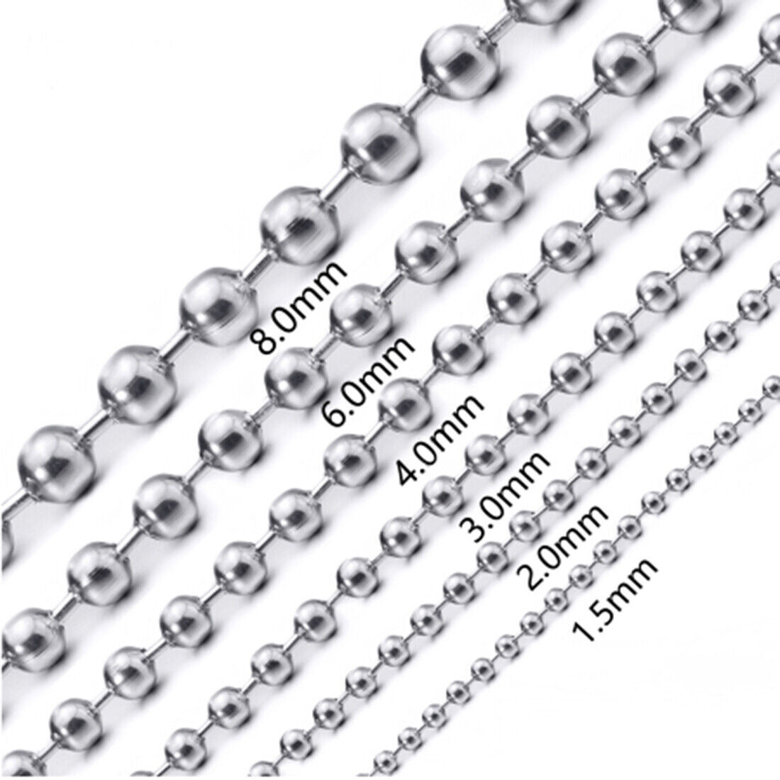 1.5-12mm Fashion New Women Men’s Stainless Steel Silver Bead Ball Chain Necklace