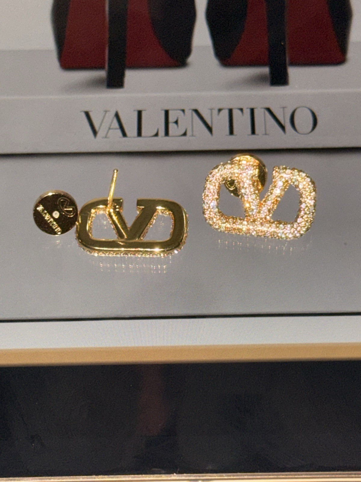 Valentino VLogo Pavé Crystal Gold Tone Stud Earrings, Butterfly Back Signed