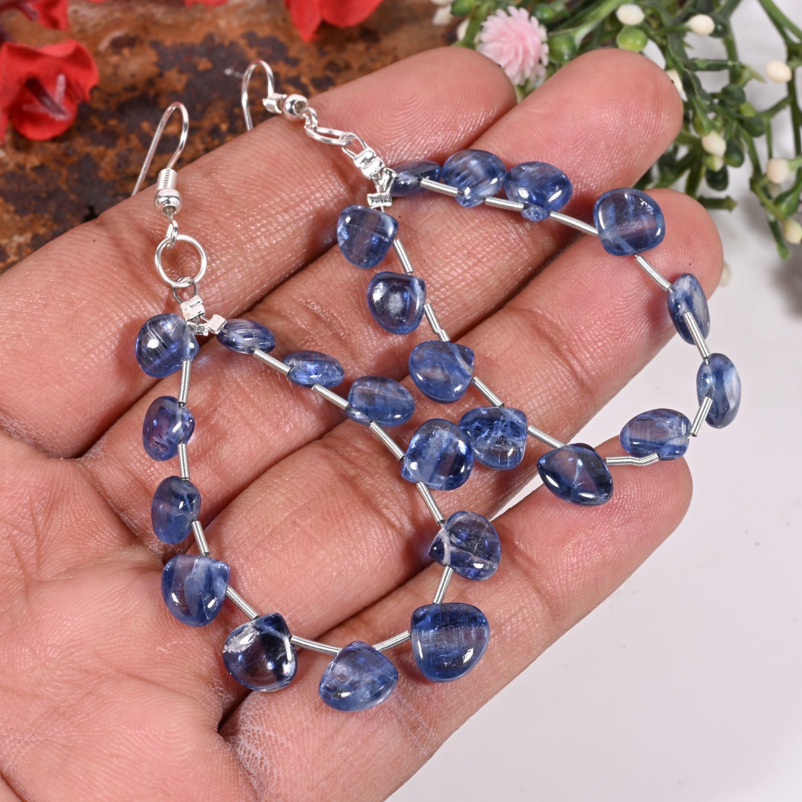 Natural Blue Kyanite Heart Bead Earrings Bullion Wire Spacers