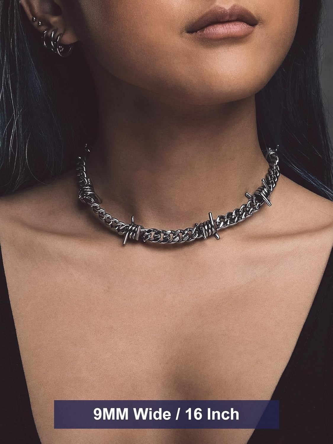 Barbed Wire Cuban Chain Necklace for Women Men Stainless Steel/Black Thorns C…