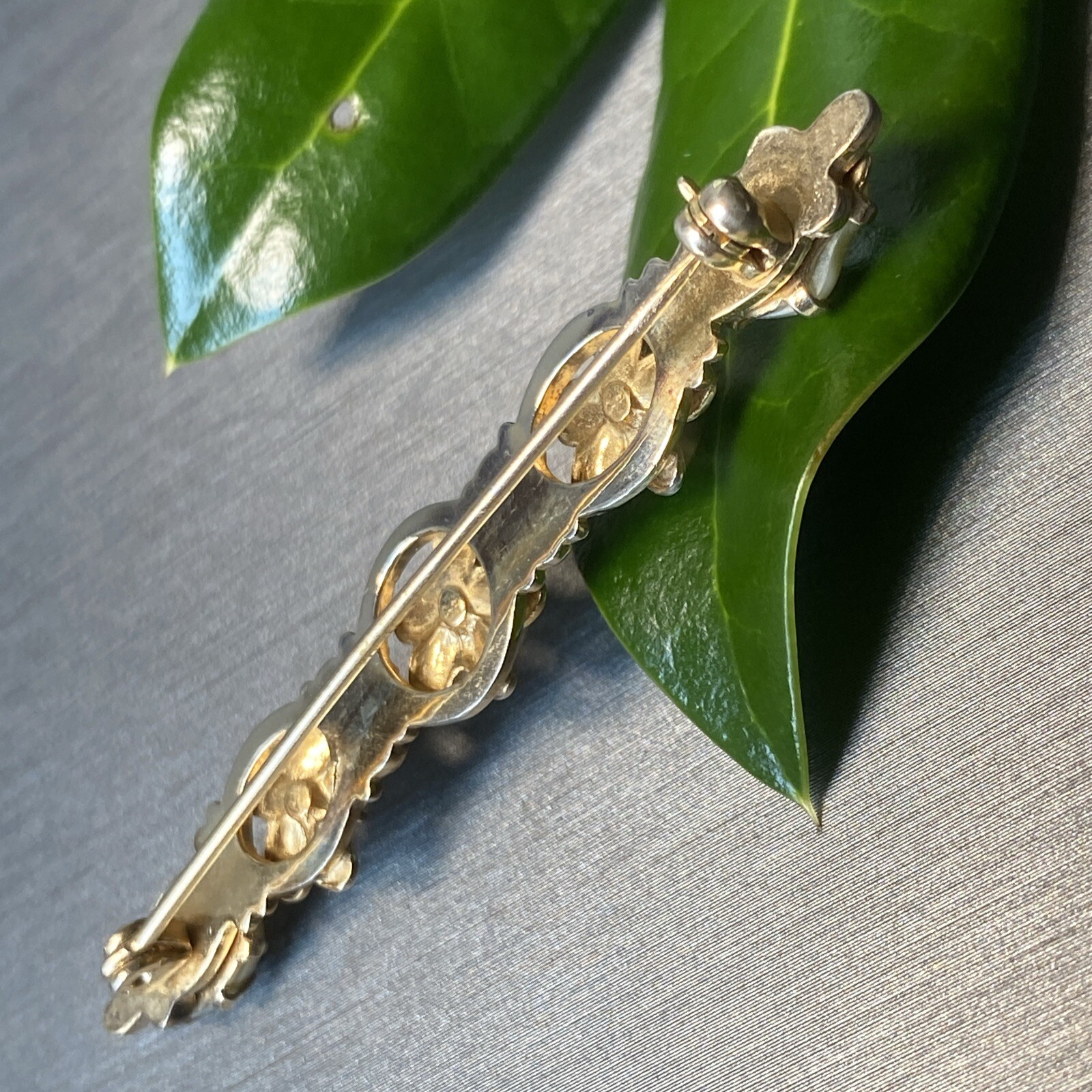 Vintage Pearl Bar Brooch Estate Fine Jewelry Pre-owned Sterling Silver Vermeil