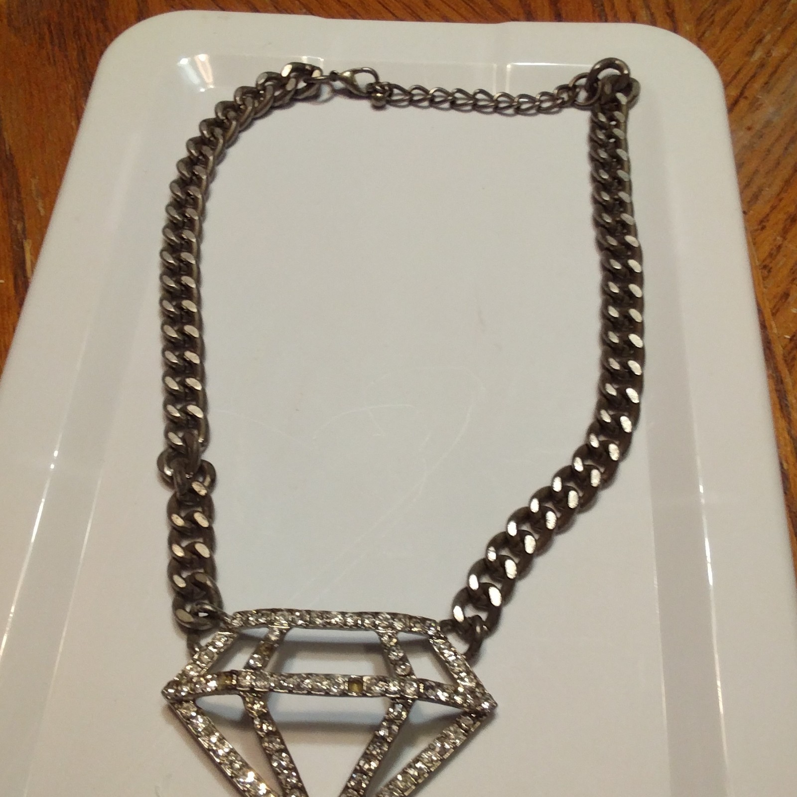 Gunmetal/Silver Tone Curb Link Chain Necklace Diamond Pavé Rhinestone Charm
