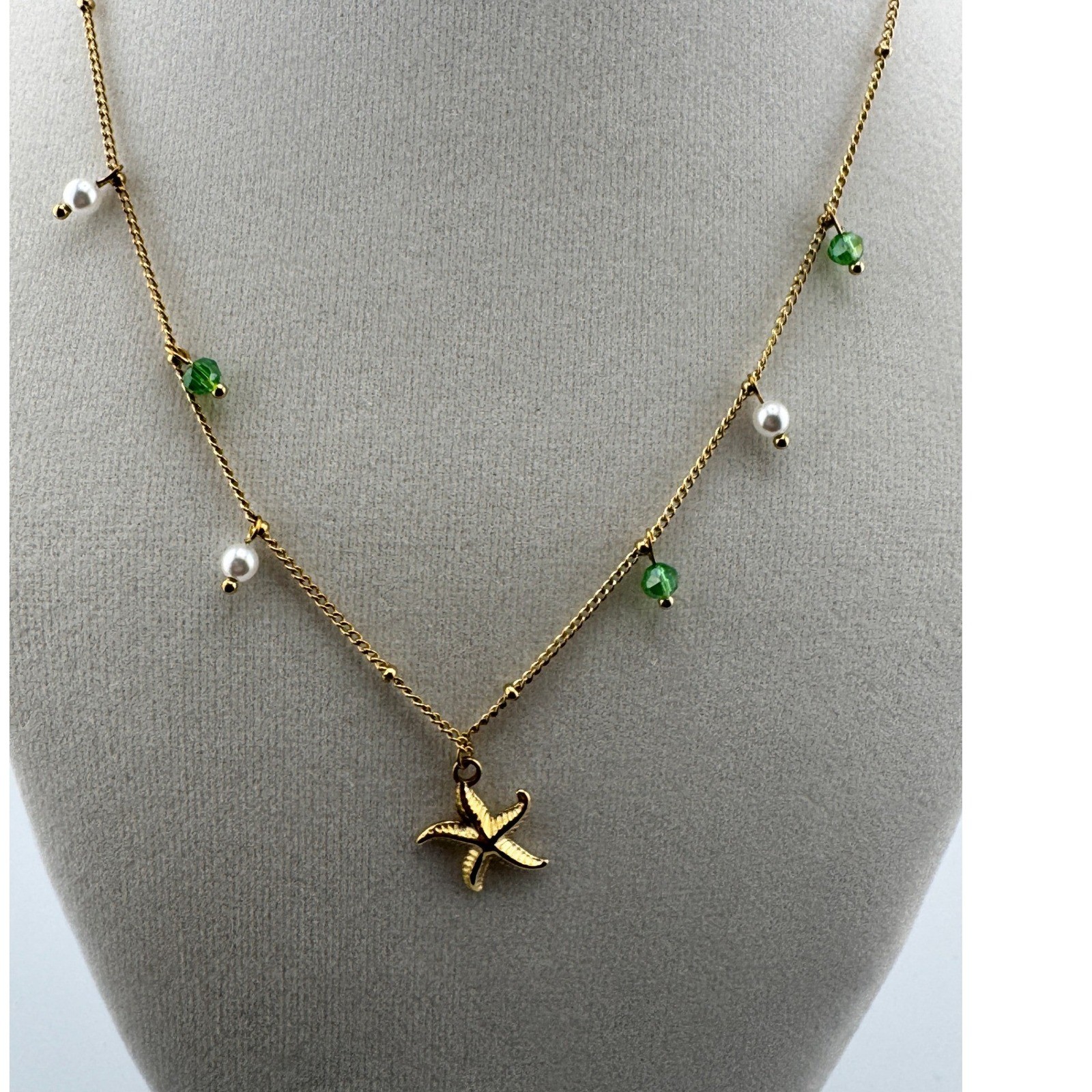 Gold Starfish Pearl Green Bead Necklace 14k Gold Plated Stainless Steel Coastal