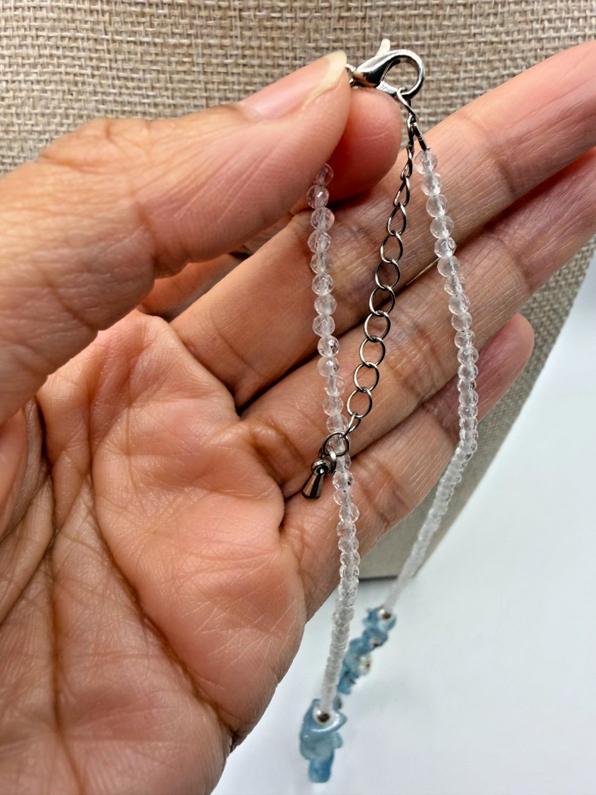 Natural Aquamarine & Clear Quartz Chip Necklace with Floral Accents – 17″ + 2″ E