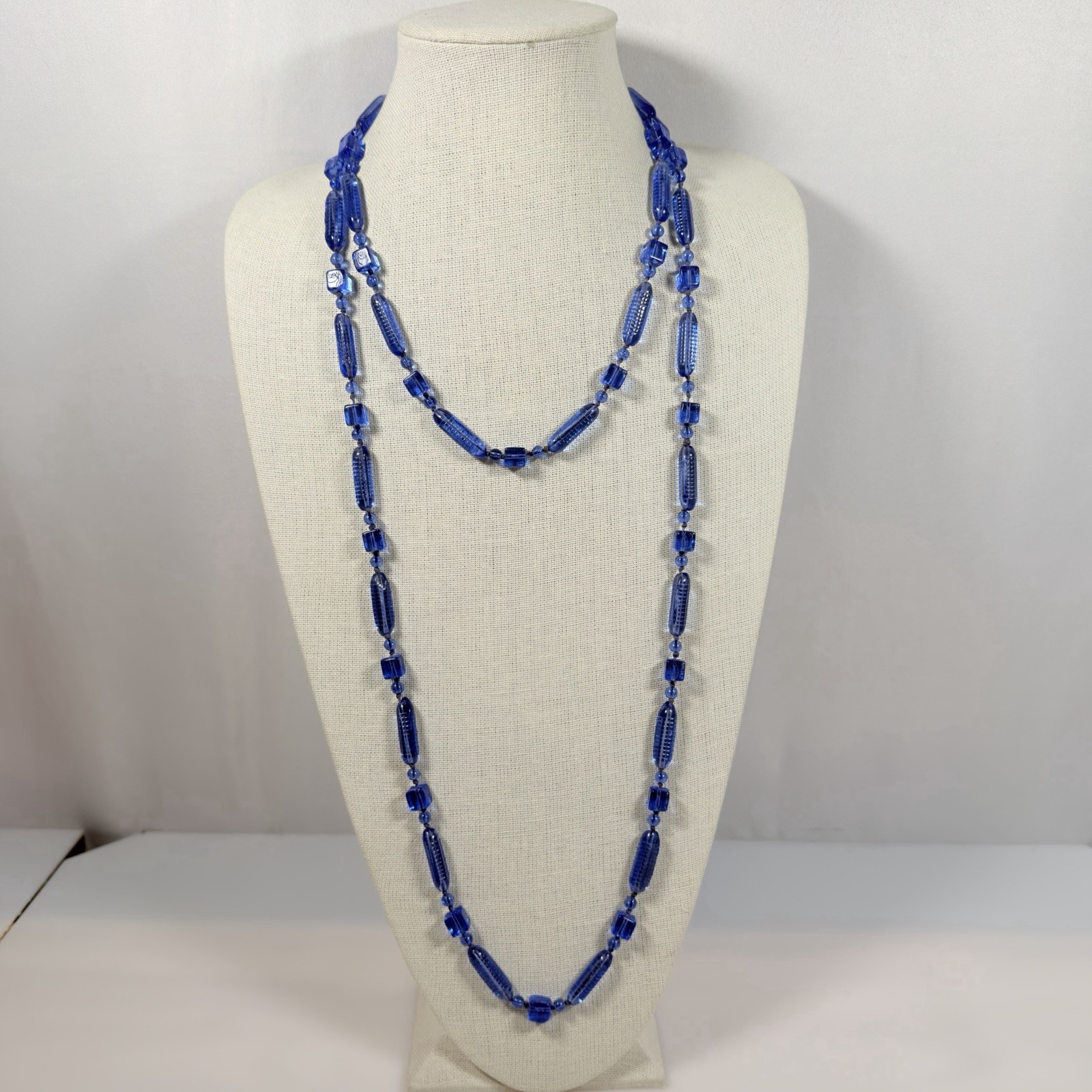 Antique Art Deco Necklace Cobal Blue Tubular Czech Glass Beaded 58″