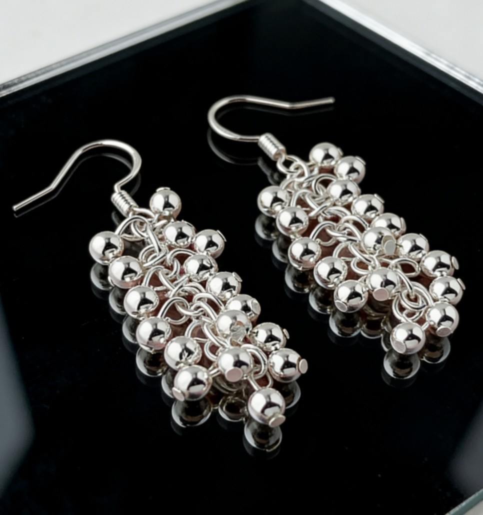 Silver Plated Alloy Small Round Bead Cluster Hanging Fashion Dangle Earrings