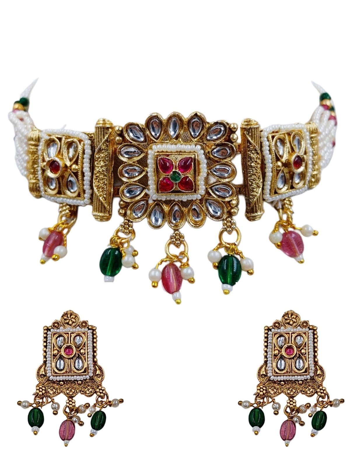 Bollywood Rajwadi Kundan Pearl Choker Set Gold Tone Bridal Wedding Jewelry